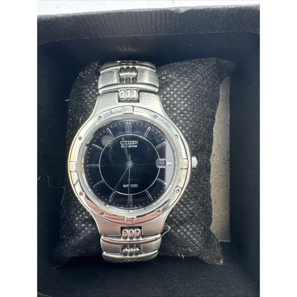CITIZEN Eco-Drive Black Dial SS Bracelet Men's Watch A119-H08622 K 6 Inch Band